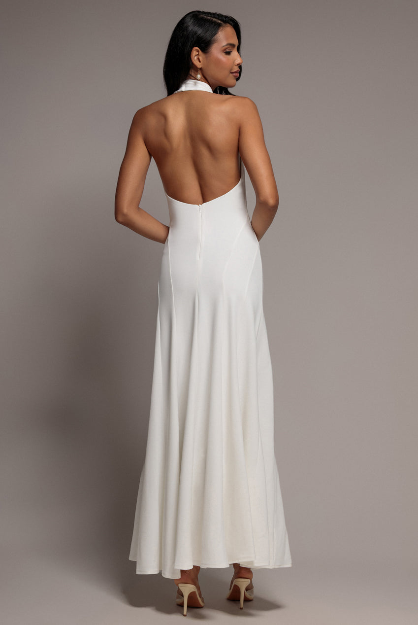 Goddiva Halterneck Cowl Neck Backless Scuba Crepe Maxi Dress - White