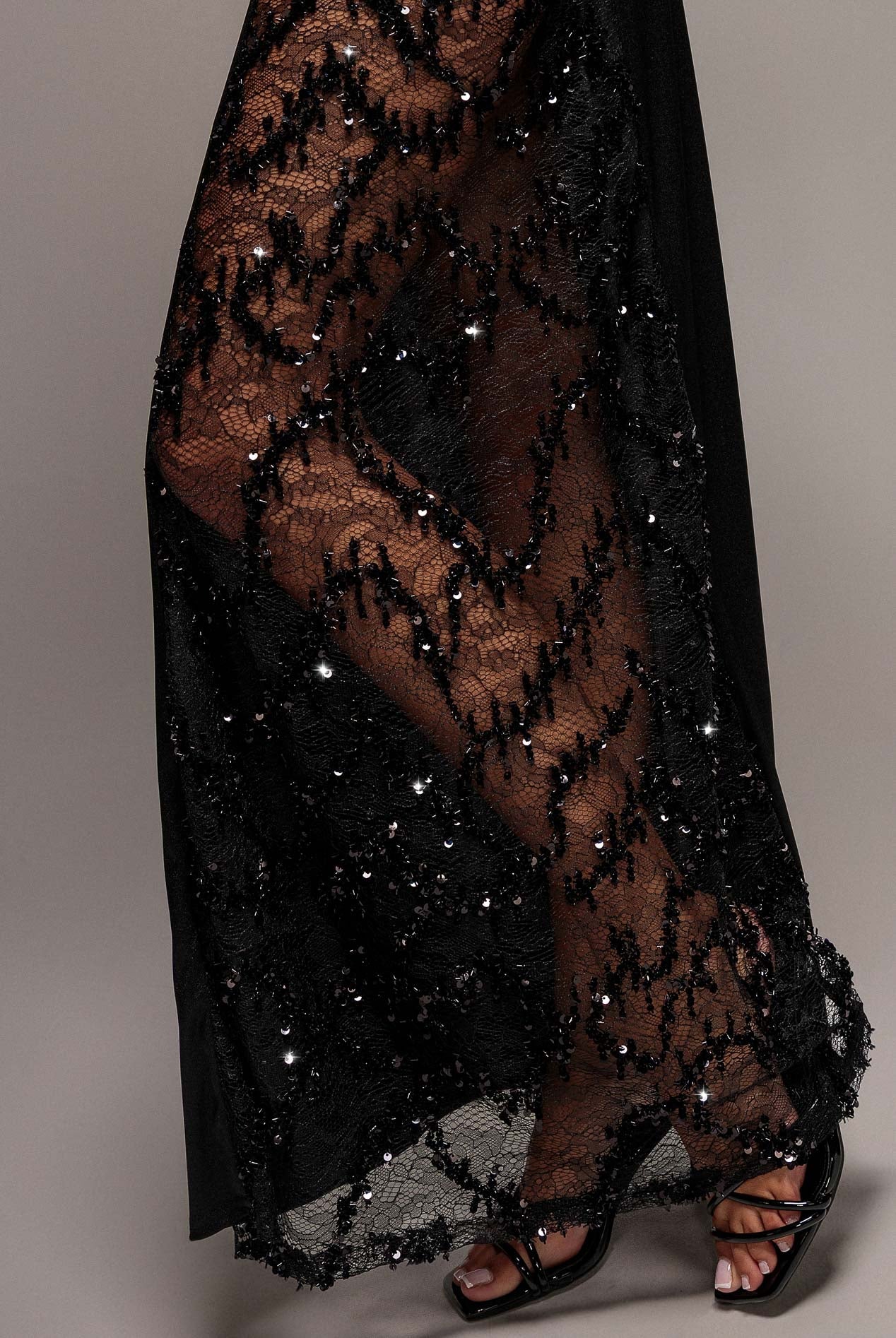 Goddiva Lace Inserted Asymmetric One Shoulder Satin Maxi Dress - Black