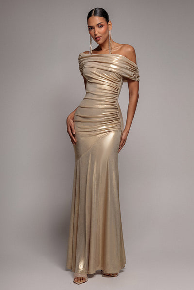 Gold - Goddiva Foil Pleated One Shoulder Bardot Fit And Flare Maxi Dress - Gold
