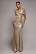 Goddiva Foil Pleated One Shoulder Bardot Fit And Flare Maxi Dress - Gold