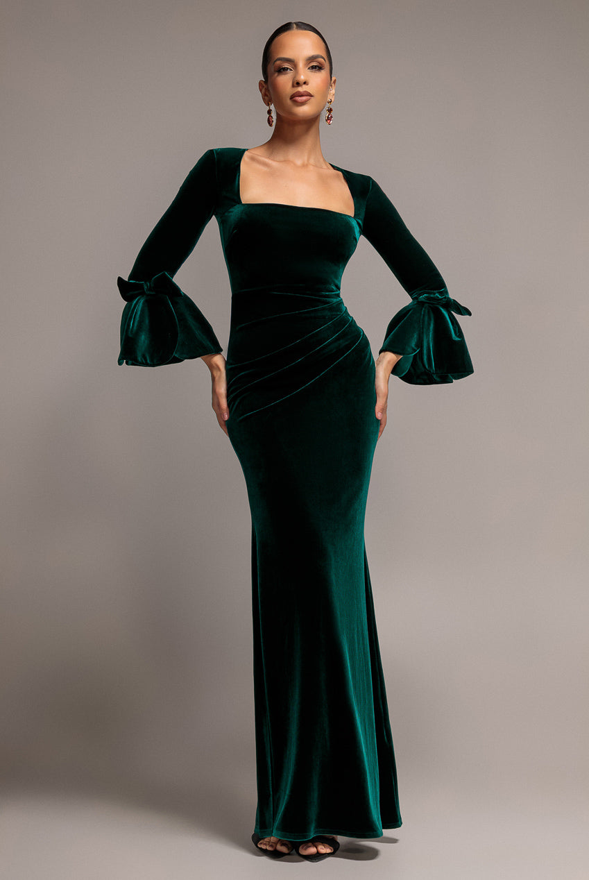 Goddiva Petal Bow Sleeve Frill Velvet Maxi Dress - Emerald Green