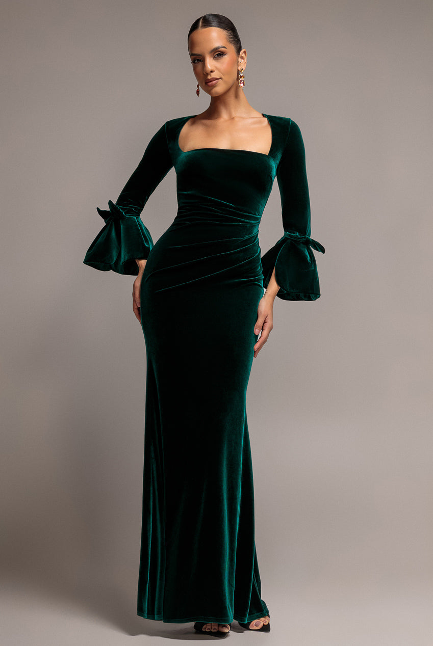 Goddiva Petal Bow Sleeve Frill Velvet Maxi Dress - Emerald Green