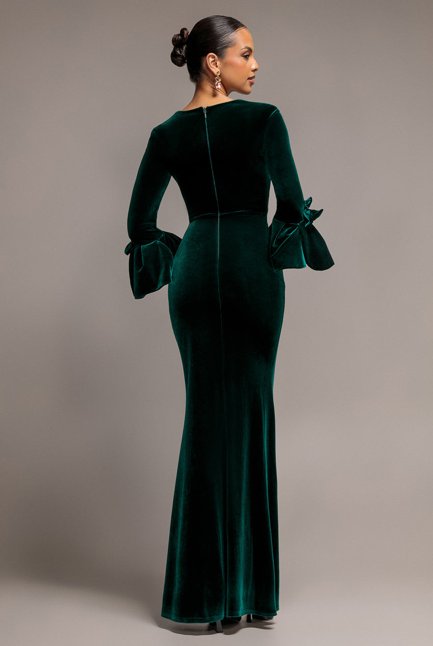 Goddiva Petal Bow Sleeve Frill Velvet Maxi Dress - Emerald Green