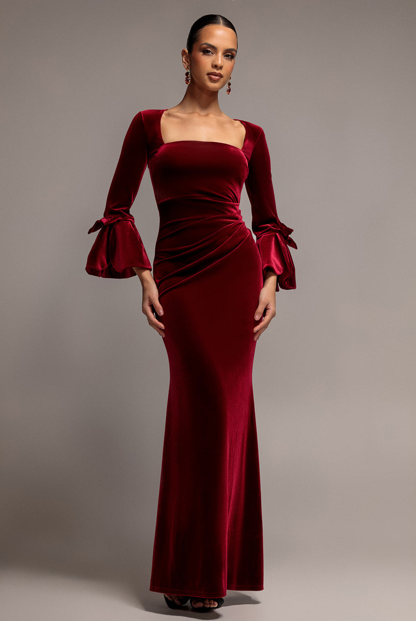 Goddiva Petal Bow Sleeve Frill Velvet Maxi Dress - Wine