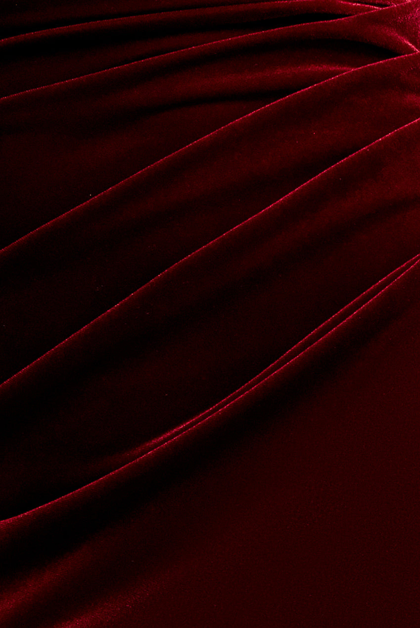 Goddiva Petal Bow Sleeve Frill Velvet Maxi Dress - Wine
