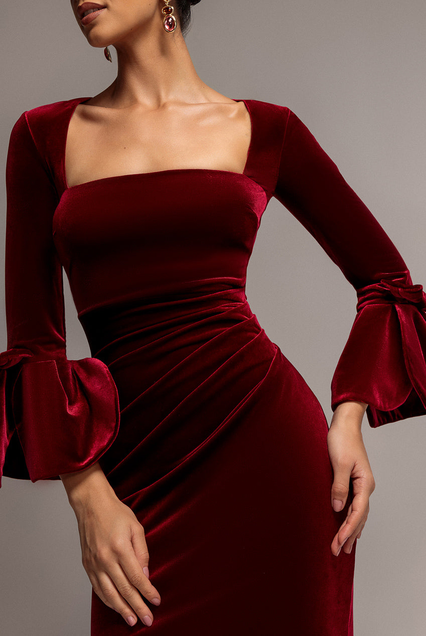 Goddiva Petal Bow Sleeve Frill Velvet Maxi Dress - Wine