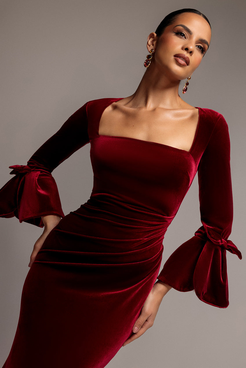 Goddiva Petal Bow Sleeve Frill Velvet Maxi Dress - Wine