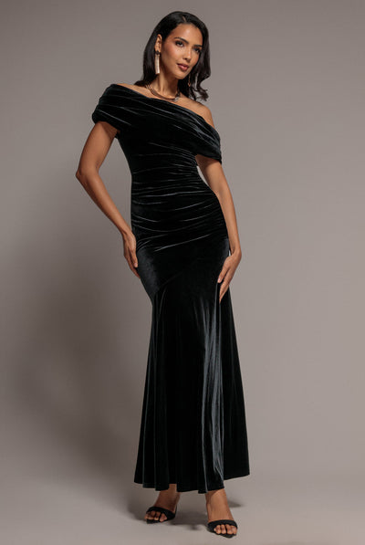 Black - Goddiva Velvet One Shoulder Bardot Fit And Flare Maxi Dress - Black