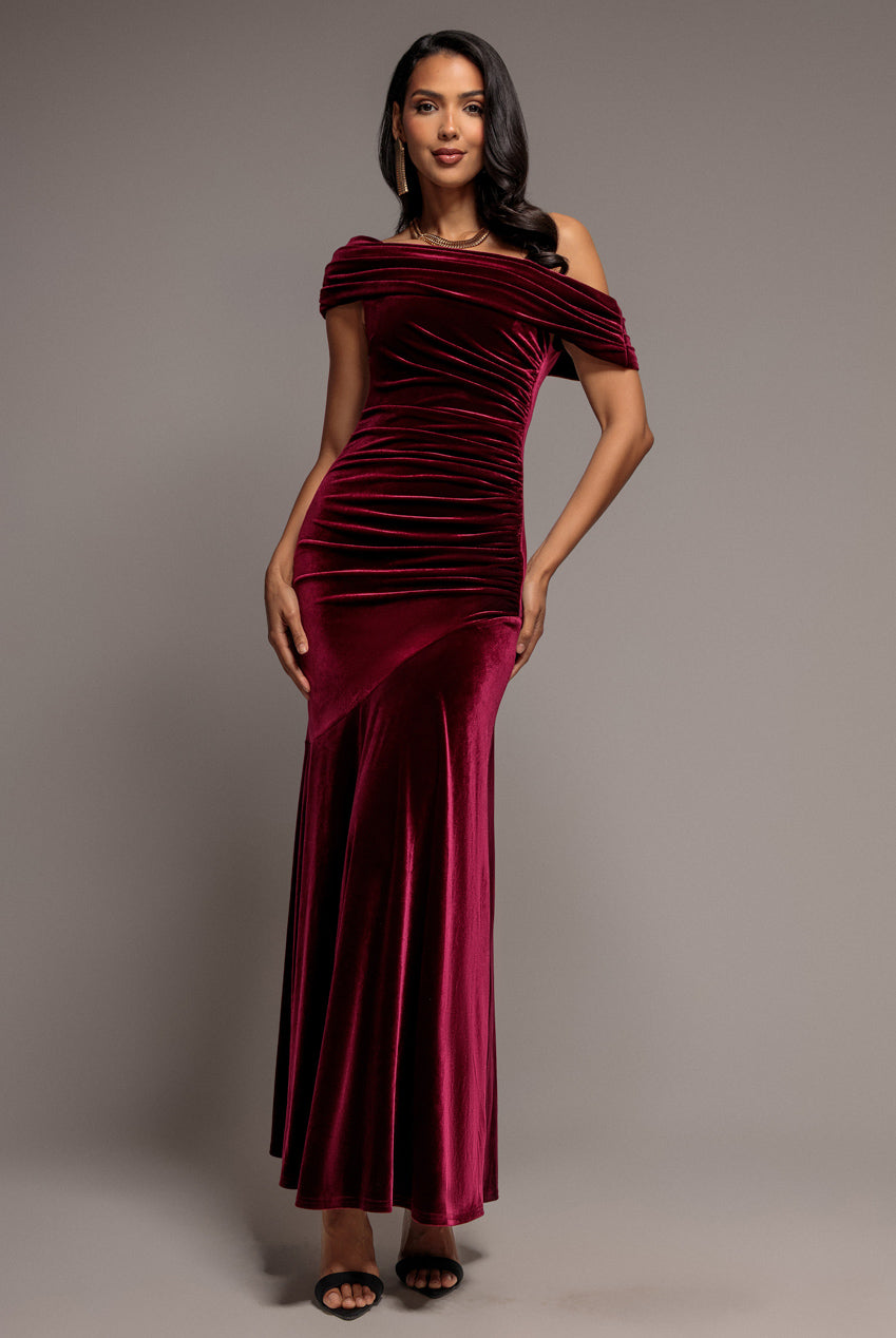 Goddiva Velvet One Shoulder Bardot Fit And Flare Maxi Dress - Burgundy