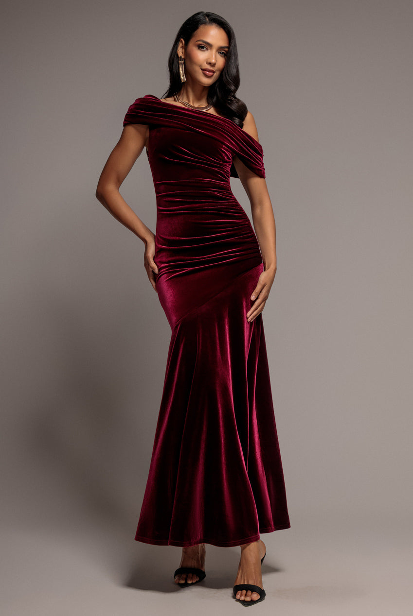 Goddiva Velvet One Shoulder Bardot Fit And Flare Maxi Dress - Burgundy