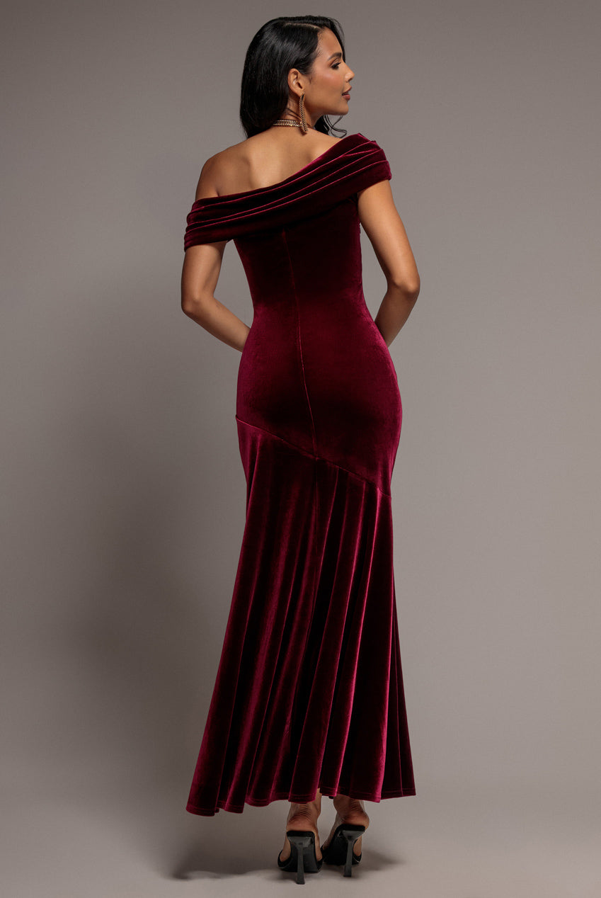 Goddiva Velvet One Shoulder Bardot Fit And Flare Maxi Dress - Burgundy