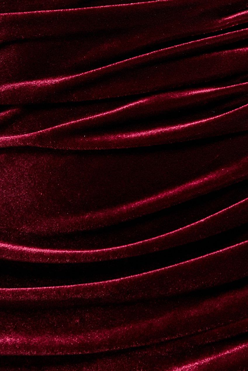 Goddiva Velvet One Shoulder Bardot Fit And Flare Maxi Dress - Burgundy