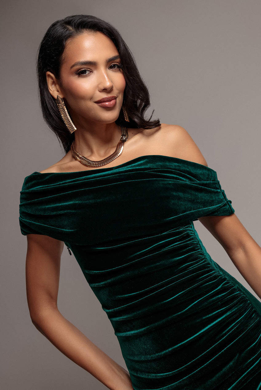 Goddiva Velvet One Shoulder Bardot Fit And Flare Maxi Dress - Emerald Green