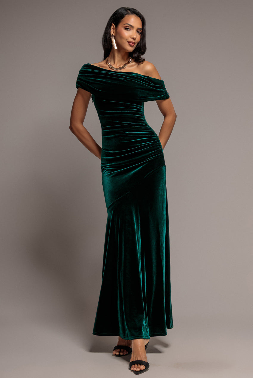 Goddiva Velvet One Shoulder Bardot Fit And Flare Maxi Dress - Emerald Green