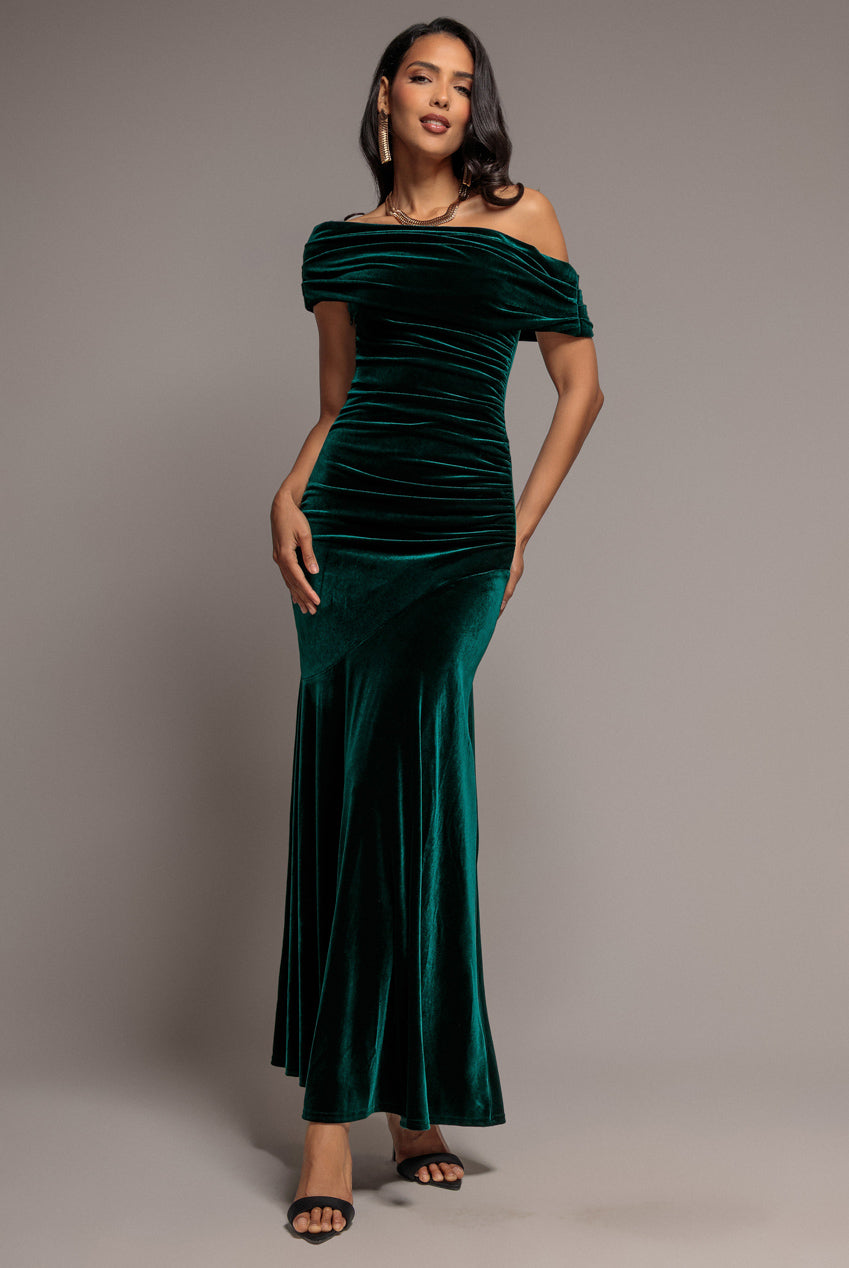 Goddiva Velvet One Shoulder Bardot Fit And Flare Maxi Dress - Emerald Green