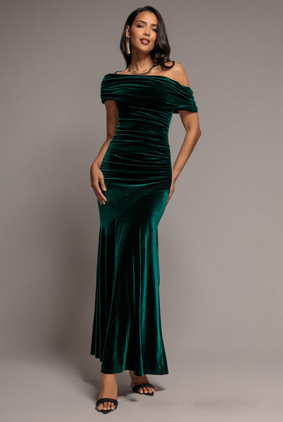 Goddiva Velvet One Shoulder Bardot Fit And Flare Maxi Dress - Emerald Green