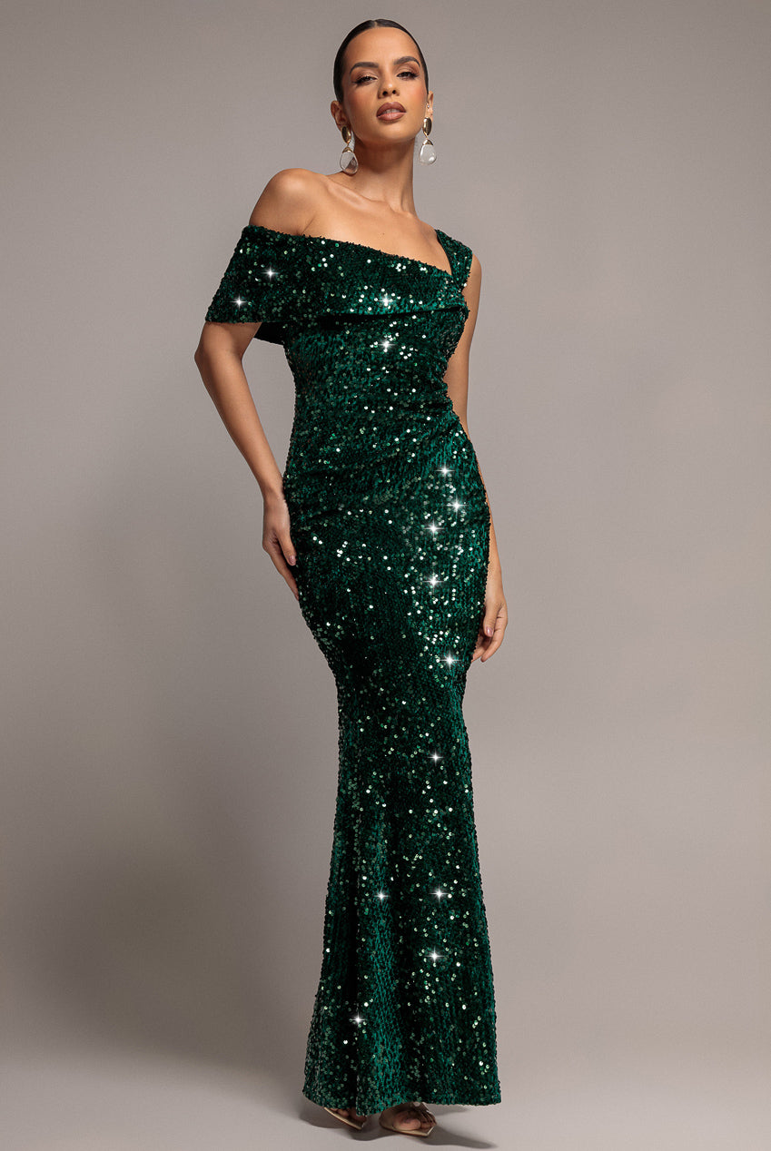 Goddiva Asymmetric Off Shoulder Pleated Waist Maxi Dress - Emerald Green