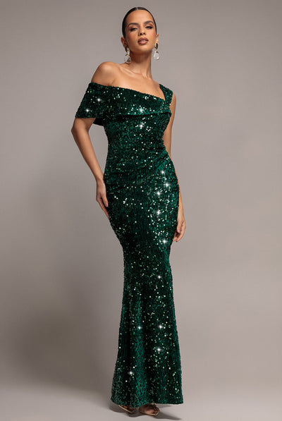 Goddiva Asymmetric Off Shoulder Pleated Waist Maxi Dress - Emerald Green