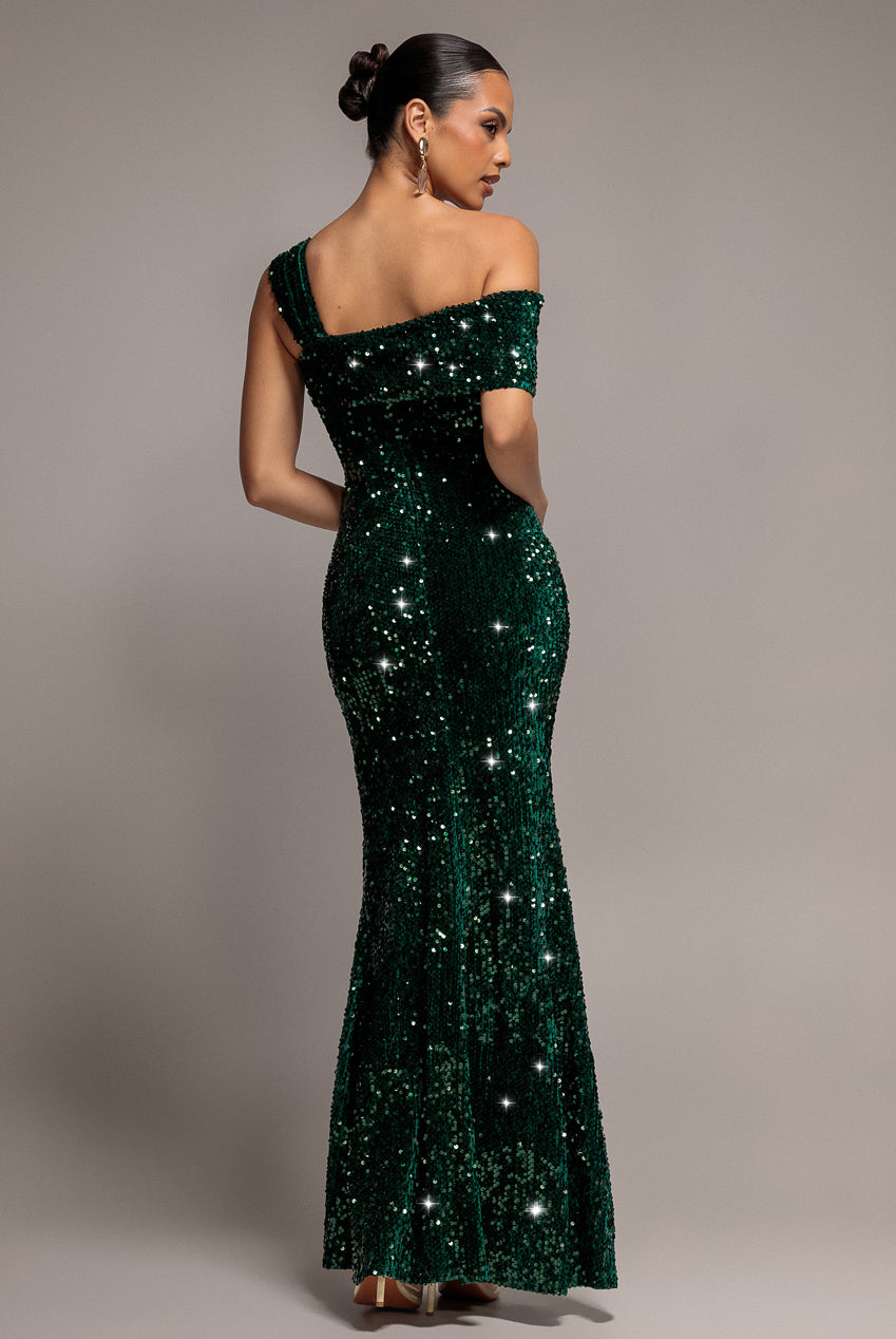 Goddiva Asymmetric Off Shoulder Pleated Waist Maxi Dress - Emerald Green