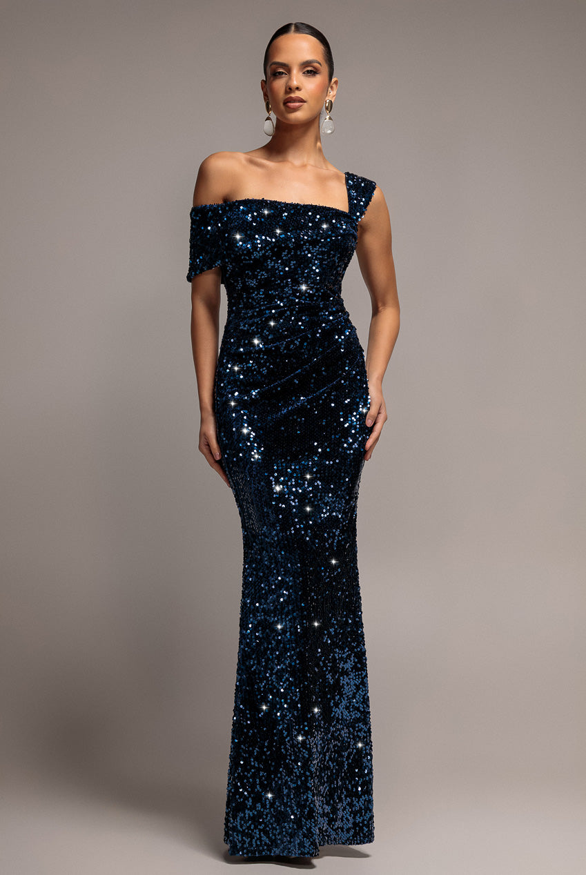 Goddiva Asymmetric Off Shoulder Pleated Waist Maxi Dress - Navy Blue