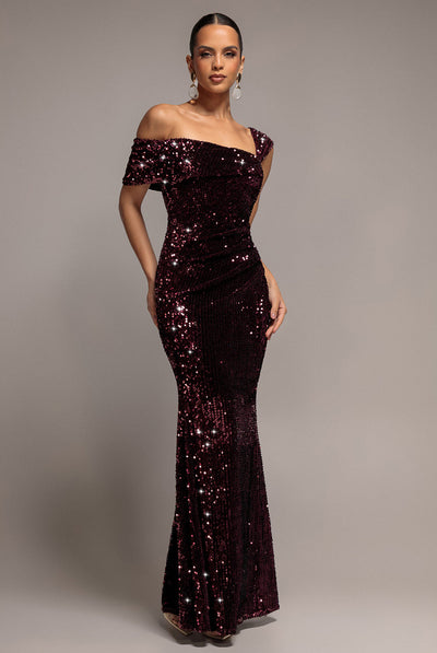 Goddiva Asymmetric Off Shoulder Pleated Waist Maxi Dress - Plum