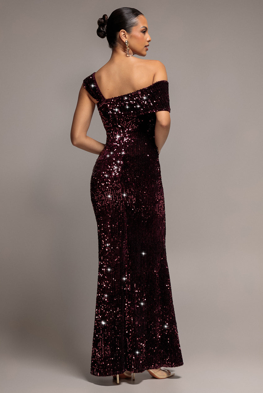 Goddiva Asymmetric Off Shoulder Pleated Waist Maxi Dress - Plum