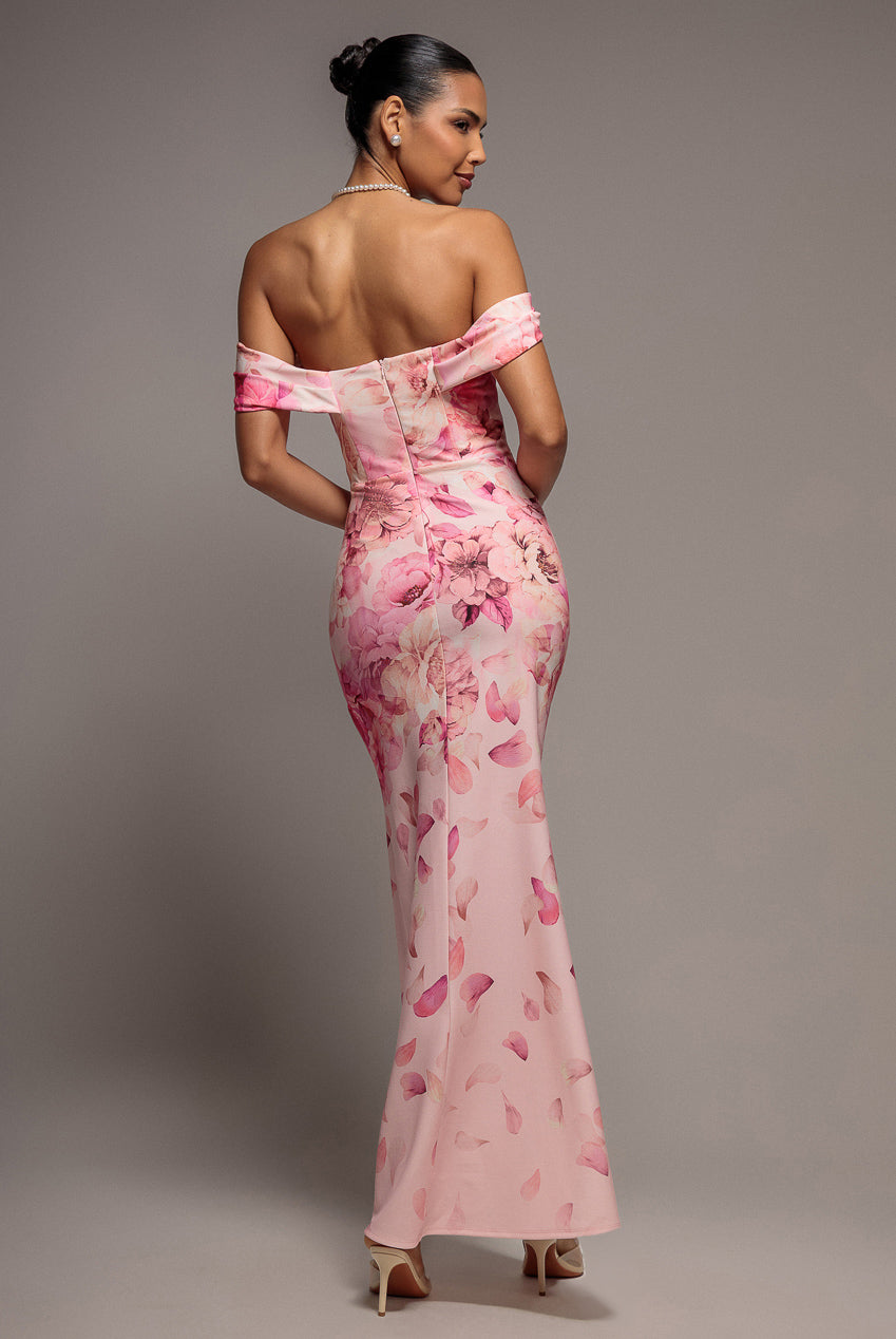 Goddiva Printed Cowl Neck Pleated Waist Maxi Dress - Blush Pink