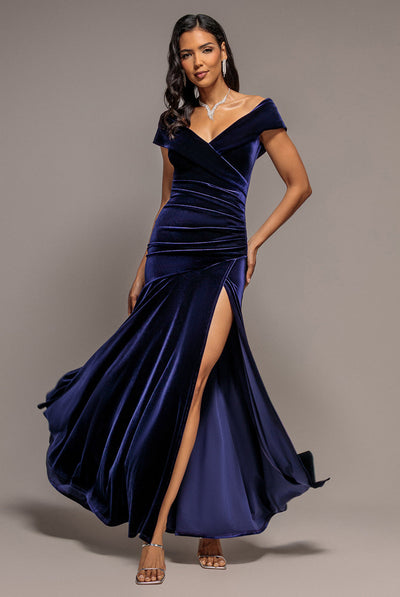 Indigo - Goddiva Velvet Off Shoulder  Pleated A Line Maxi Dress - Indigo
