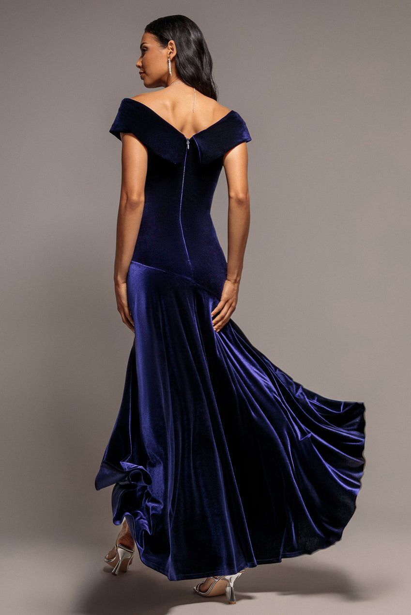 Goddiva Velvet Off Shoulder  Pleated A Line Maxi Dress - Indigo