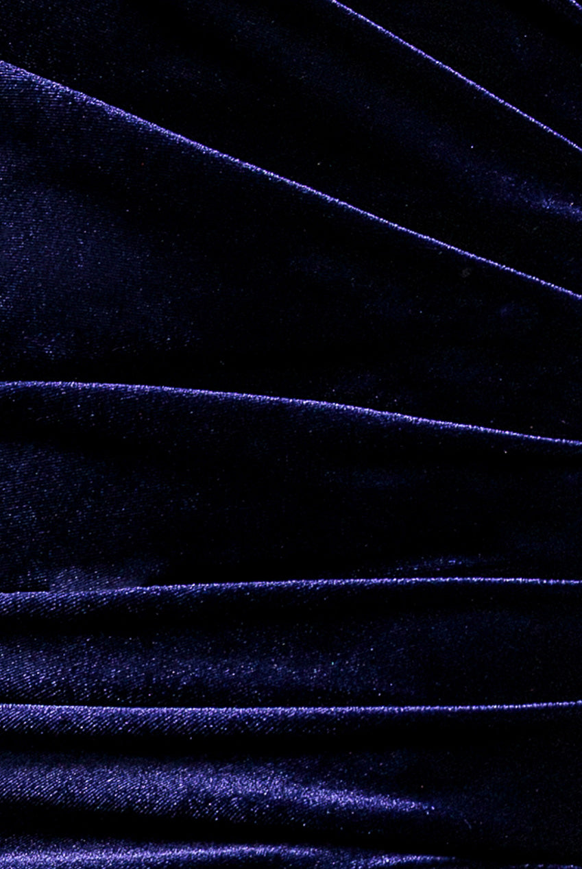 Goddiva Velvet Off Shoulder  Pleated A Line Maxi Dress - Indigo