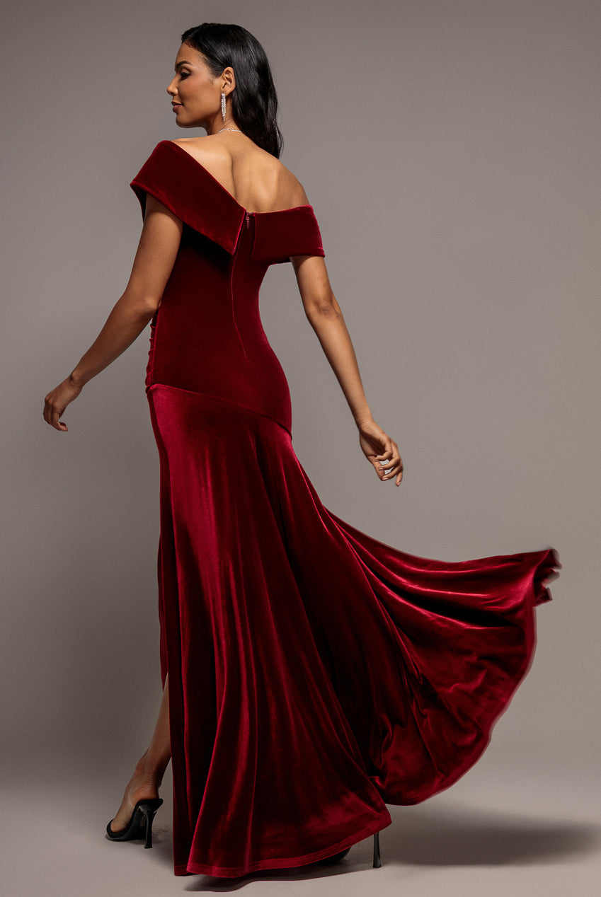 Goddiva Velvet Off Shoulder  Pleated A Line Maxi Dress - Wine