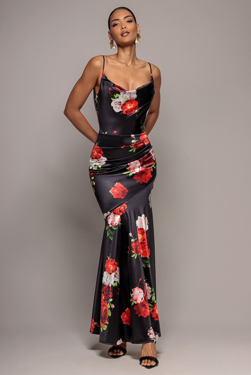 Floral Print Satin Cowl Neck Maxi Dress - Black