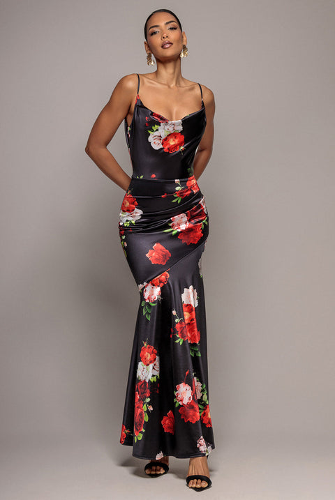 Goddiva Floral Print Satin Cowl Neck Maxi Dress - Black