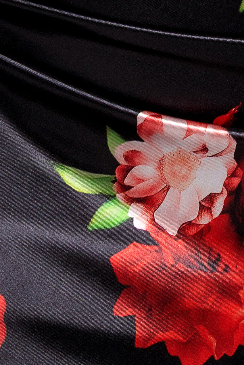 Goddiva Floral Print Satin Cowl Neck Maxi Dress - Black