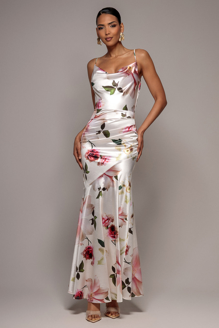 Goddiva Floral Print Satin Cowl Neck Maxi Dress - Cream