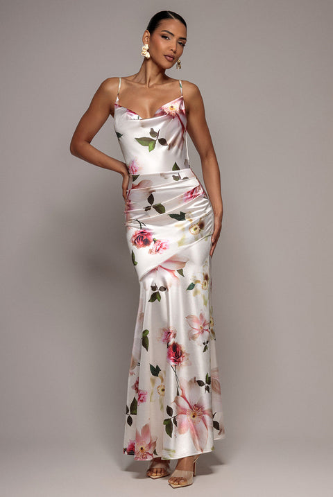 Goddiva Floral Print Satin Cowl Neck Maxi Dress - Cream