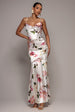 Goddiva Floral Print Satin Cowl Neck Maxi Dress - Cream