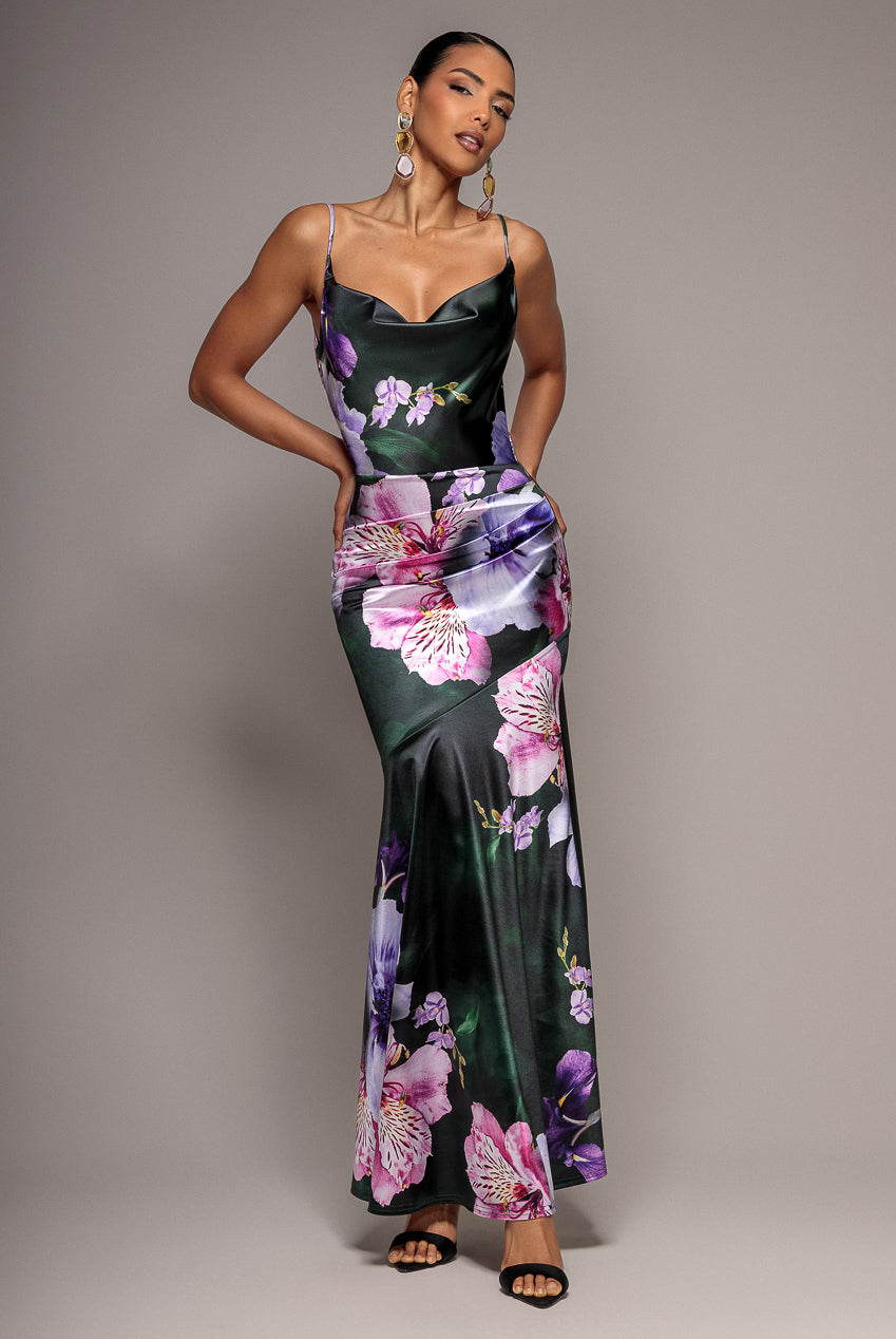Goddiva Floral Print Satin Cowl Neck Maxi Dress - Emerald Green