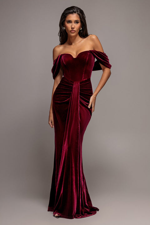 Goddiva Off Shoulder Bardot Draped Velvet Maxi Dress - Burgundy