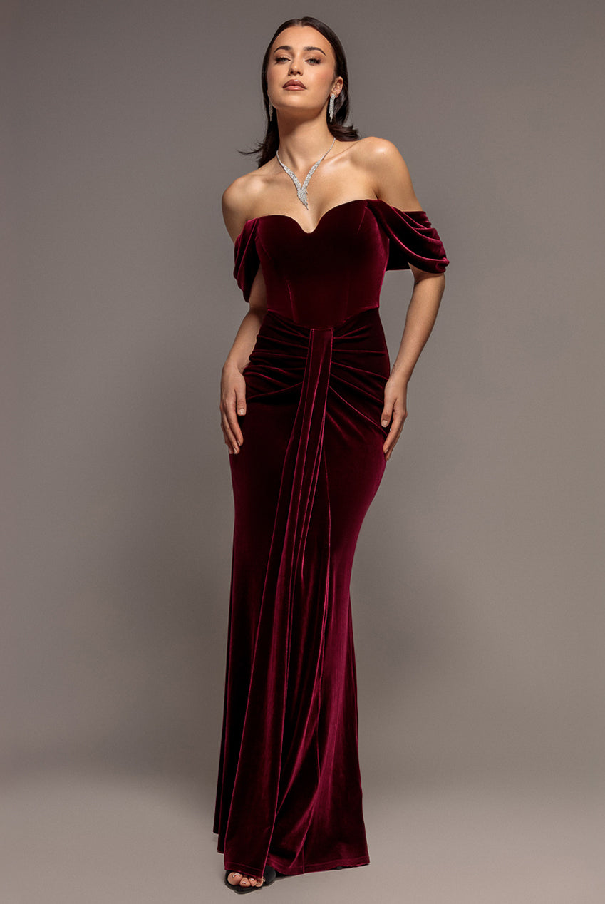 Goddiva Off Shoulder Bardot Draped Velvet Maxi Dress - Burgundy
