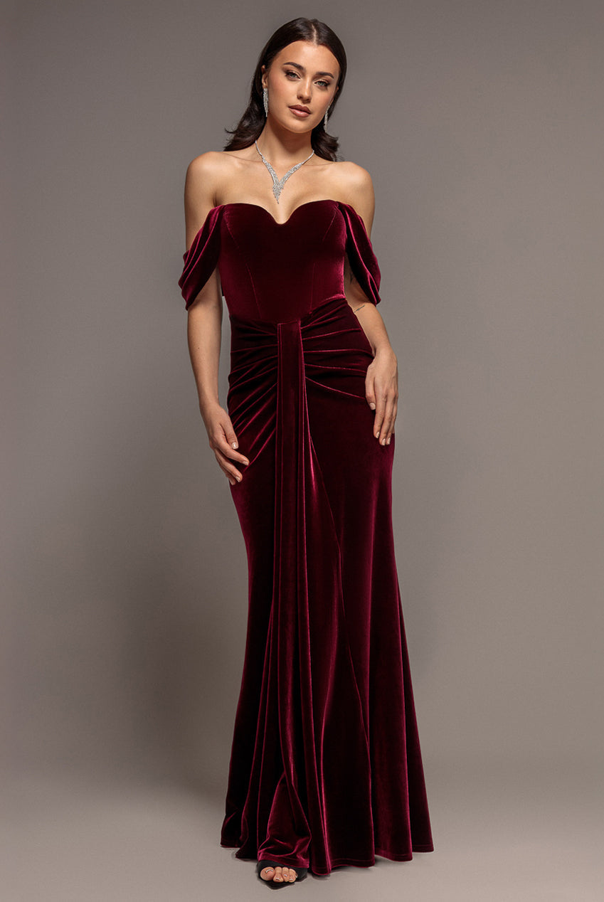 Goddiva Off Shoulder Bardot Draped Velvet Maxi Dress - Burgundy