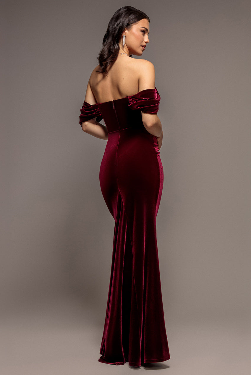 Goddiva Off Shoulder Bardot Draped Velvet Maxi Dress - Burgundy