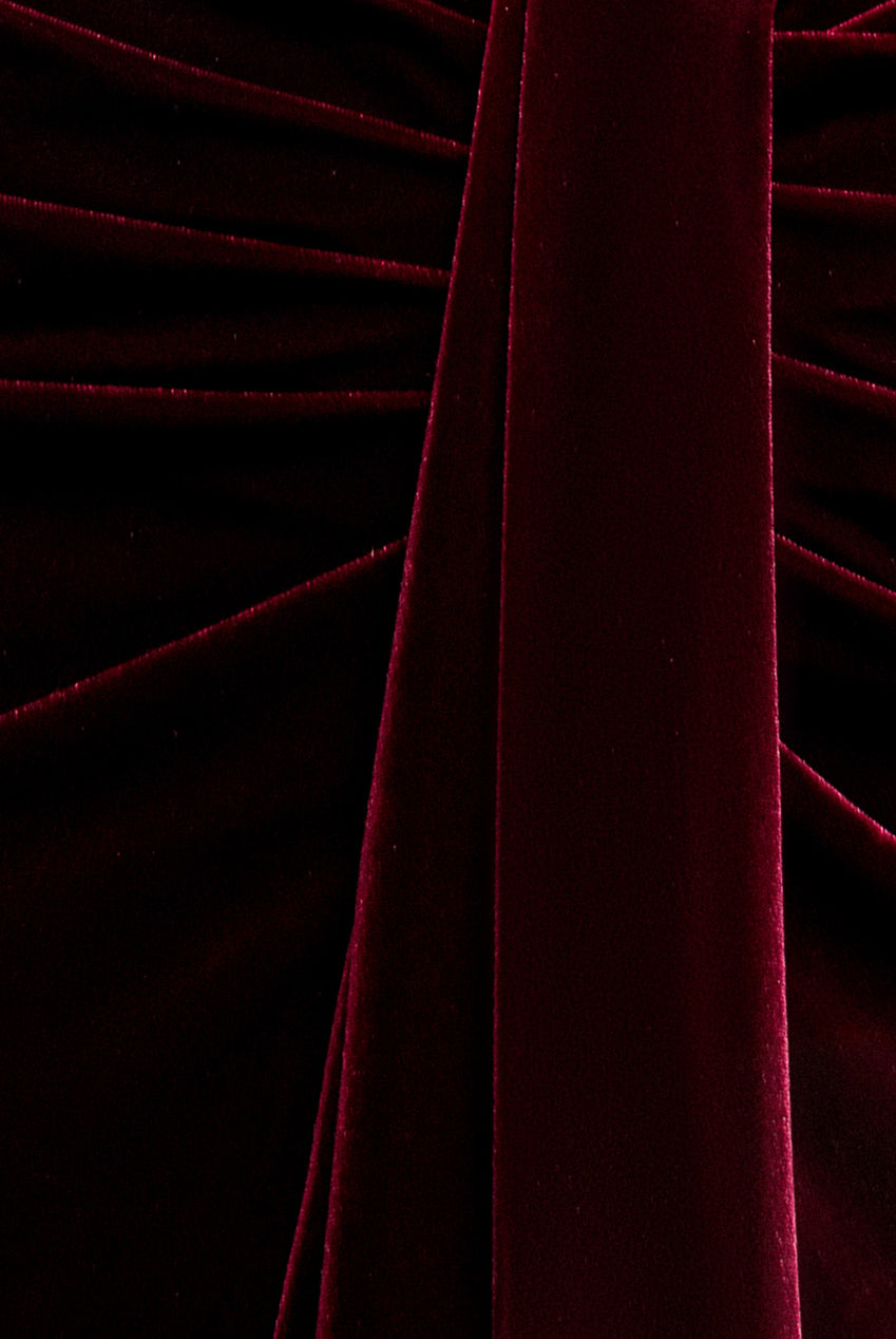 Goddiva Off Shoulder Bardot Draped Velvet Maxi Dress - Burgundy