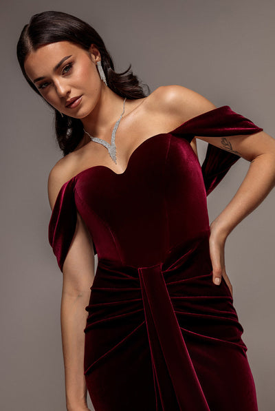 Burgundy - Goddiva Off Shoulder Bardot Draped Velvet Maxi Dress - Burgundy
