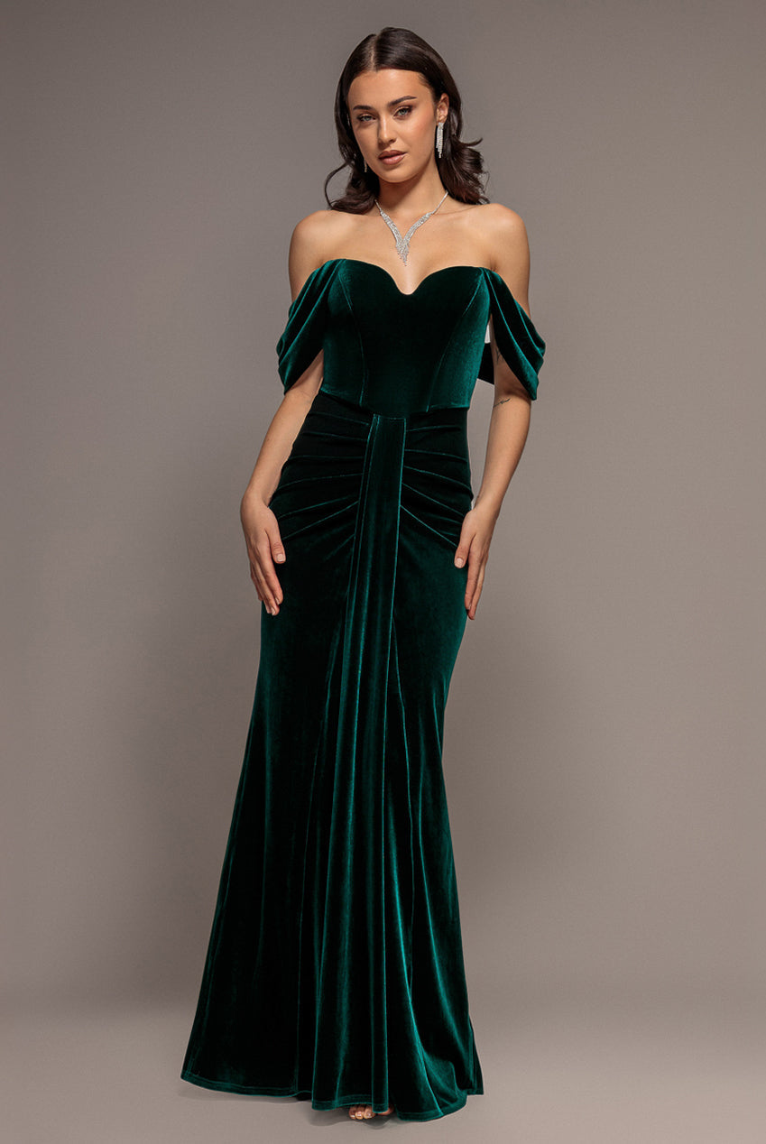 Goddiva Off Shoulder Bardot Draped Velvet Maxi Dress - Emerald Green