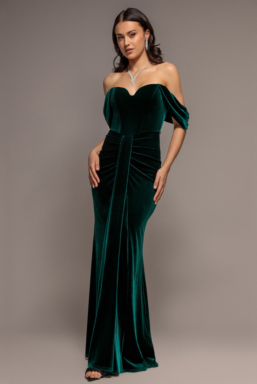 Goddiva Off Shoulder Bardot Draped Velvet Maxi Dress - Emerald Green