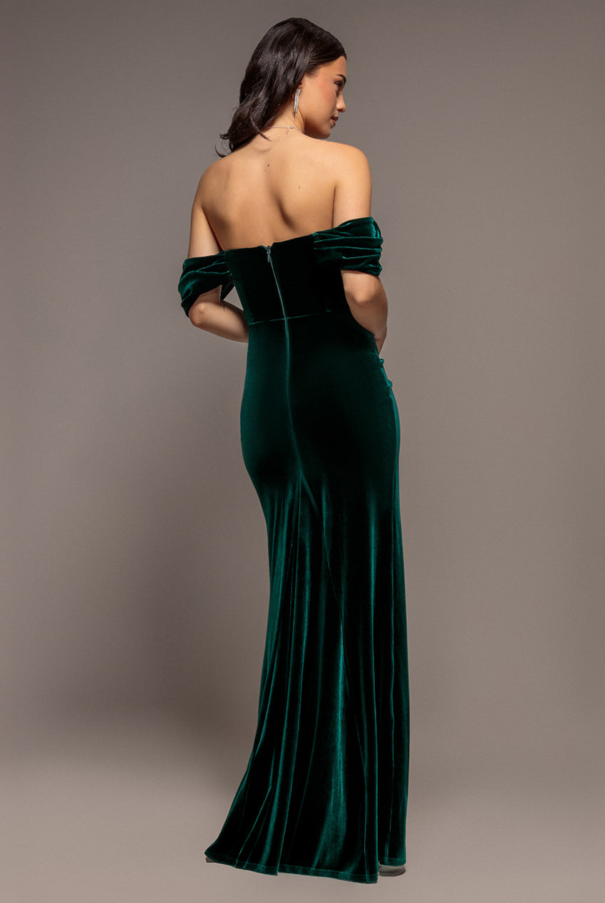 Goddiva Off Shoulder Bardot Draped Velvet Maxi Dress - Emerald Green