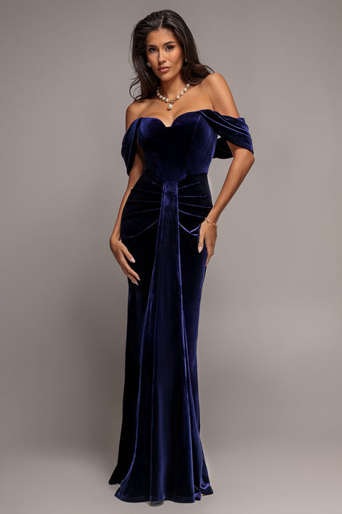 Goddiva Off Shoulder Bardot Draped Velvet Maxi Dress - Indigo