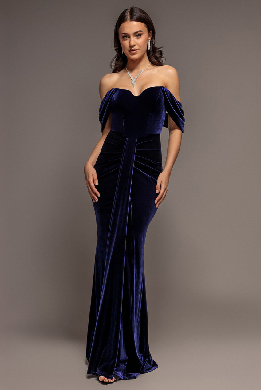 Goddiva Off Shoulder Bardot Draped Velvet Maxi Dress - Indigo