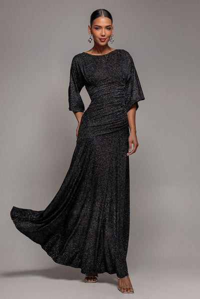 Black - Goddiva Lurex Kimono Sleeve Gathered Waist Maxi Dress - Black